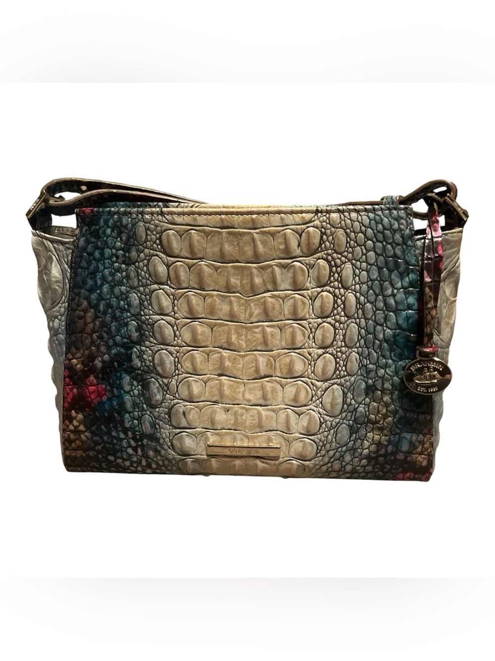 Brahmin Croc-Embossed Shoulder Bag in Cream, Blue & Brown